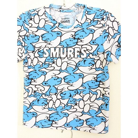 The Smurfs Pajama Sleep Lounge Set Womens S Top and Shorts Blue White Stretch - Picture 5 of 7